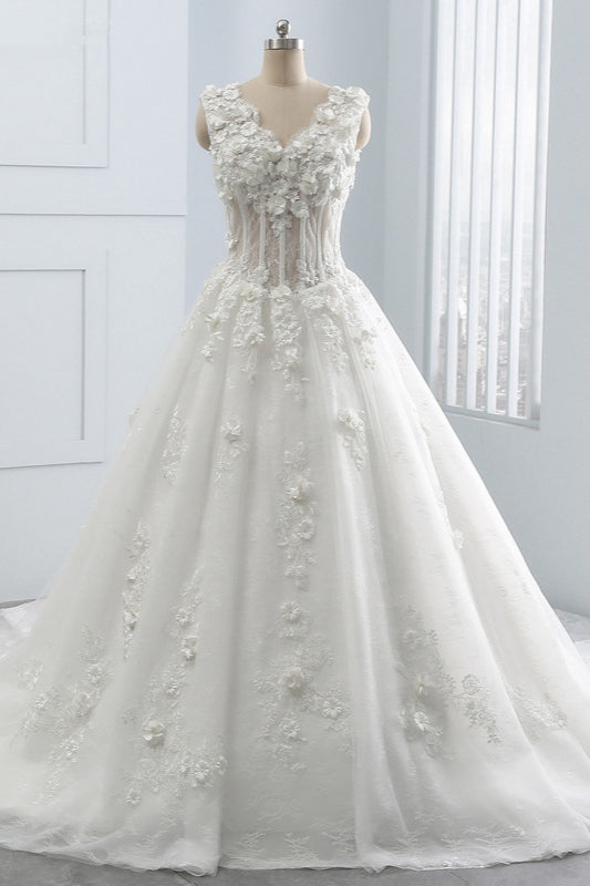 Load image into Gallery viewer, Glamorous V-Neck Tulle Wedding Dress with Flowers Appliques Sleeveless Beadings Bridal Gowns Online-27dress
