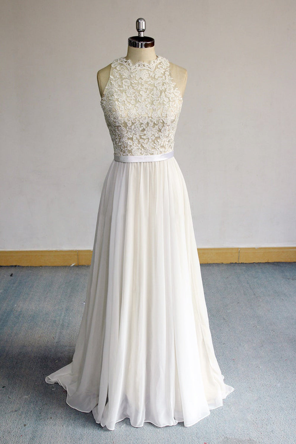 Glamorous White Appliques Chiffon Wedding Dress Sleeveless Ruffles A-line Bridal Gowns On Sale-27dress
