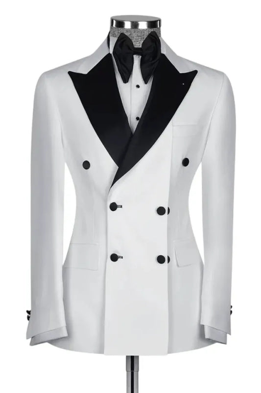 Glamorous Double Breasted White Prom Suits With Black Peaked Lapel