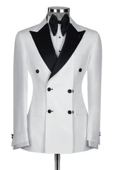 Glamorous Double Breasted White Prom Suits With Black Peaked Lapel
