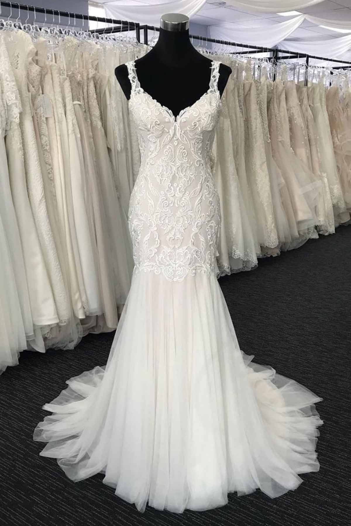 Glamorous White Tulle V-Neck Long Appliques Wedding Dress Mermaid Lace Bridal Gowns On Sale-27dress