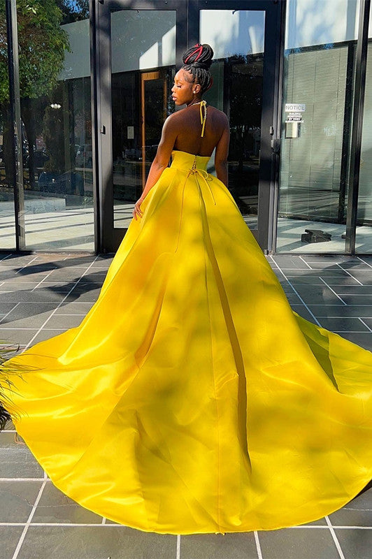 Glamorous Yellow Halter Sleeveless High Waist Long Split Prom Dress with Beadings