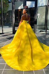 Glamorous Yellow Halter Sleeveless High Waist Long Split Prom Dress with Beadings
