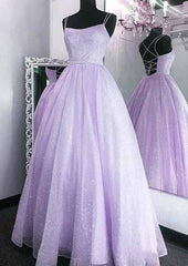 Glitter Beaded A-line Spaghetti Straps Long Tulle Prom Dress-27dress