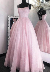 Glitter Beaded A-line Spaghetti Straps Long Tulle Prom Dress-27dress