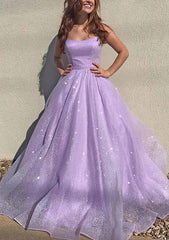 Glitter Beaded A-line Spaghetti Straps Long Tulle Prom Dress-27dress