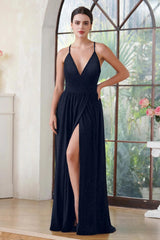 Glitter Long Spaghetti Straps V-Neck Front Split Backless Evening Dress-27dress