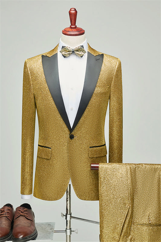 Sequins Peaked Lapel Two Pieces Bespoke Gold Prom Suits