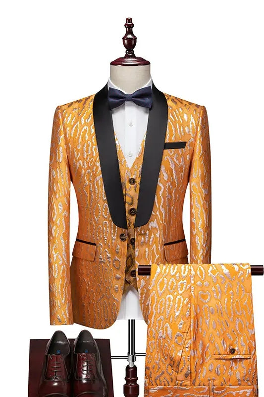 Shawl Lapel Three Pieces New Arrival Jacquard Gold Wedding Suits