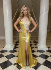 27DRESS Gold Sleeveless Satin Mermaid Evening Dresses with Beaded