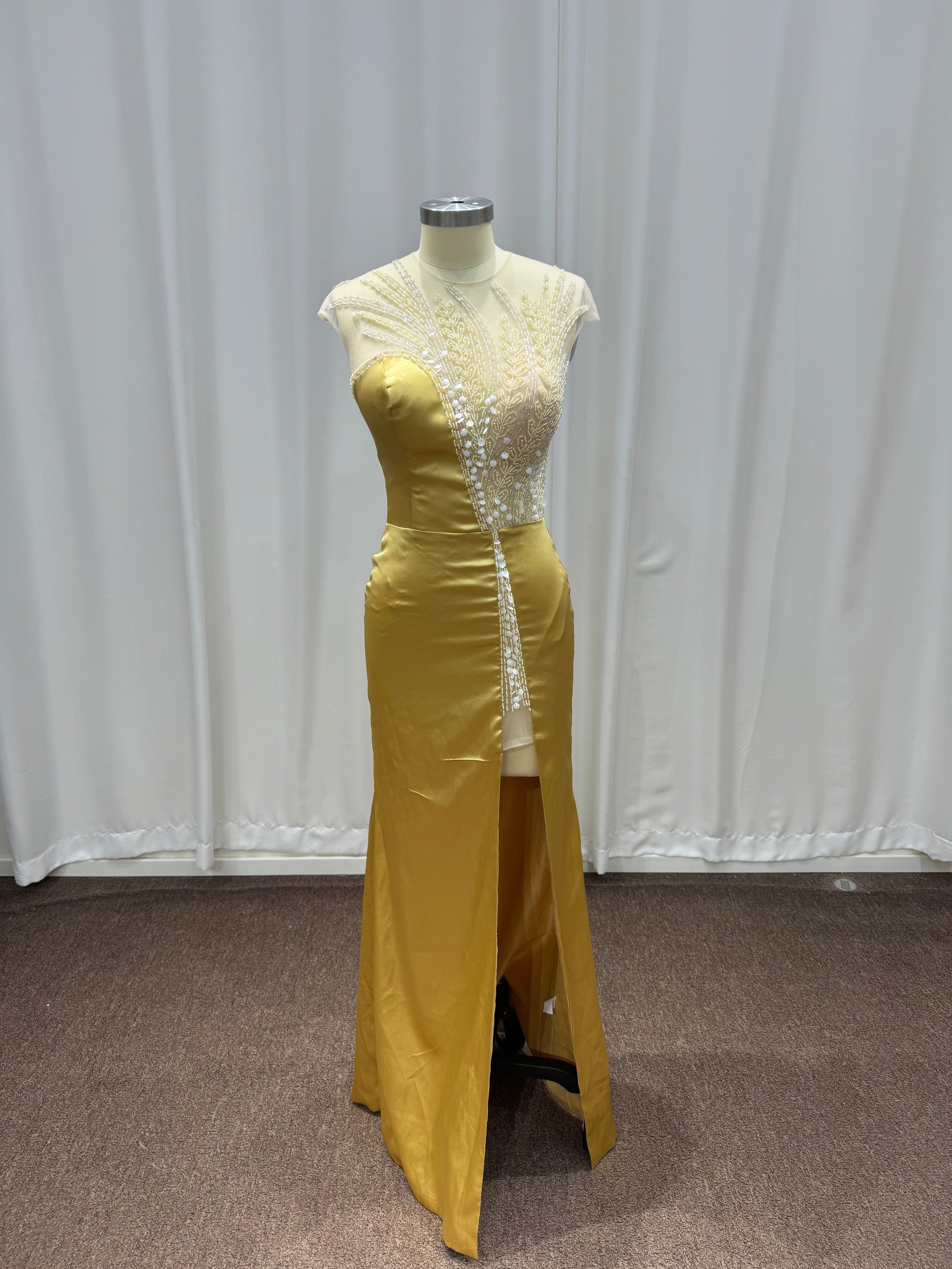 27DRESS Gold Sleeveless Satin Mermaid Evening Dresses with Beaded