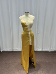 27DRESS Gold Sleeveless Satin Mermaid Evening Dresses with Beaded