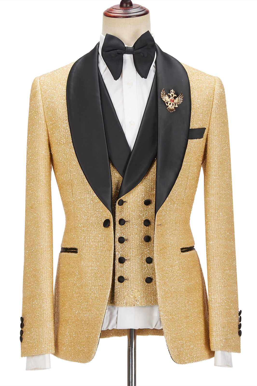 Golden Shawl Lapel Three Pieces Men Suits For Wedding