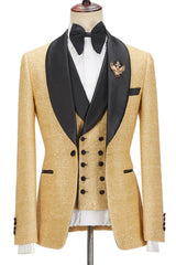Golden Shawl Lapel Three Pieces Men Suits For Wedding