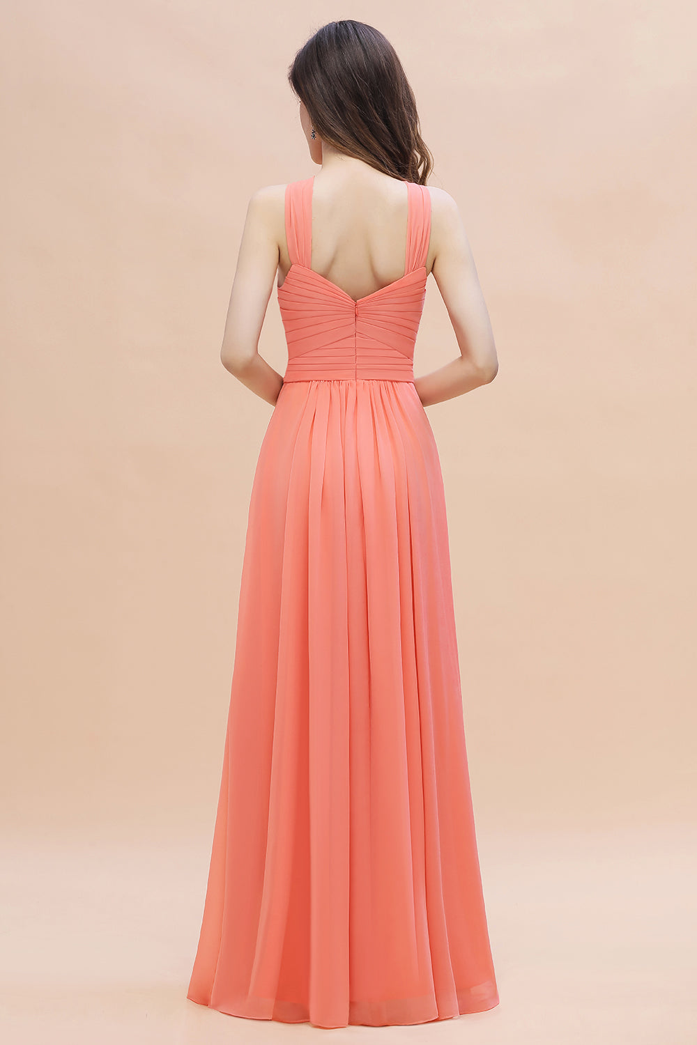 Halter Floor-length Chiffon Ruffles Bridesmaid Dresses Coral