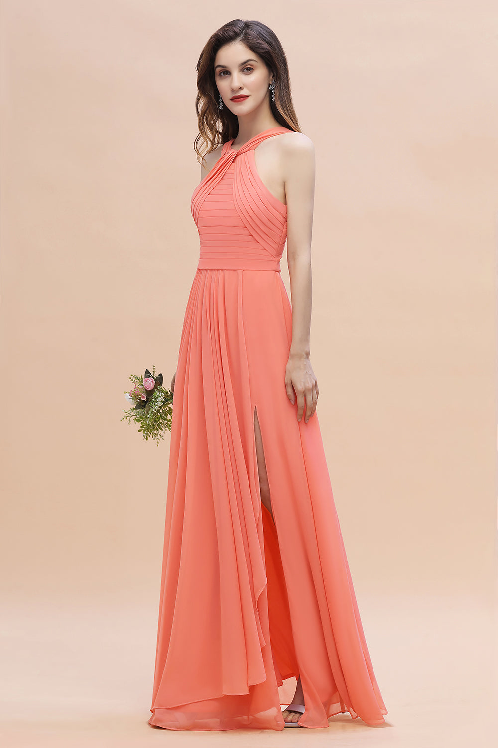 Gorgeous A-Line Sleeveless Coral Chiffon Bridesmaid Dress with Ruffles On Sale-27dress