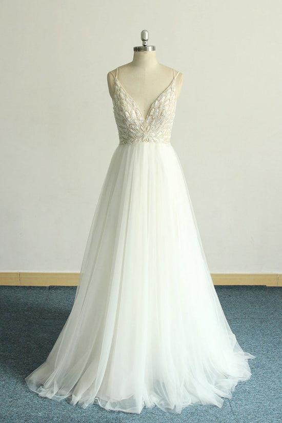 Gorgeous A-line White Lace Tulle Wedding Dress Sleeveless Appliques Bridal Gowns On Sale-27dress