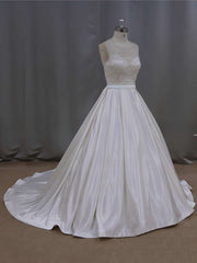 Gorgeous Ball Gown Illusion Satin Court Train Wedding Dress With Beading