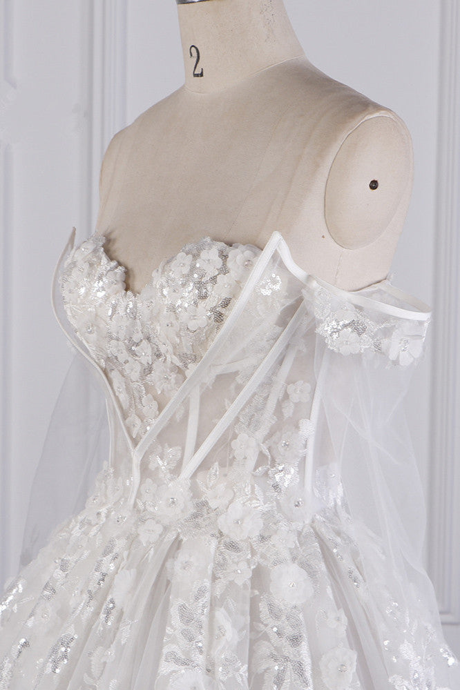 Gorgeous Ball Gown Strapless Tulle Lace Wedding Dress Sleeveless Appliques Sequins Bridal Gowns-27dress