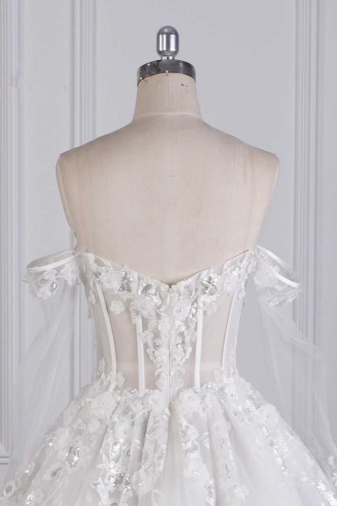 Gorgeous Ball Gown Strapless Tulle Lace Wedding Dress Sleeveless Appliques Sequins Bridal Gowns-27dress