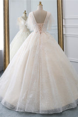 Gorgeous Ball Gown V-Neck Tulle Beadings Wedding Dress Rhinestones Appliques Bridal Gowns with Short Sleeves On Sale-27dress
