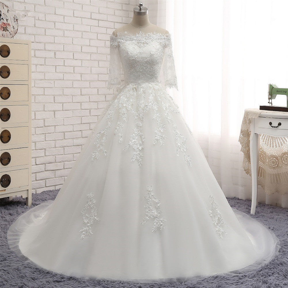 Gorgeous Bateau Halfsleeves White Wedding Dresses With Appliques A-line Tulle Ruffles Bridal Gowns Online-27dress