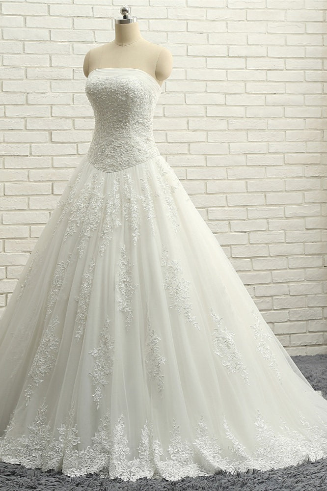 Gorgeous Bateau White Tulle Wedding Dresses A line Ruffles Lace Bridal Gowns With Appliques Online-27dress