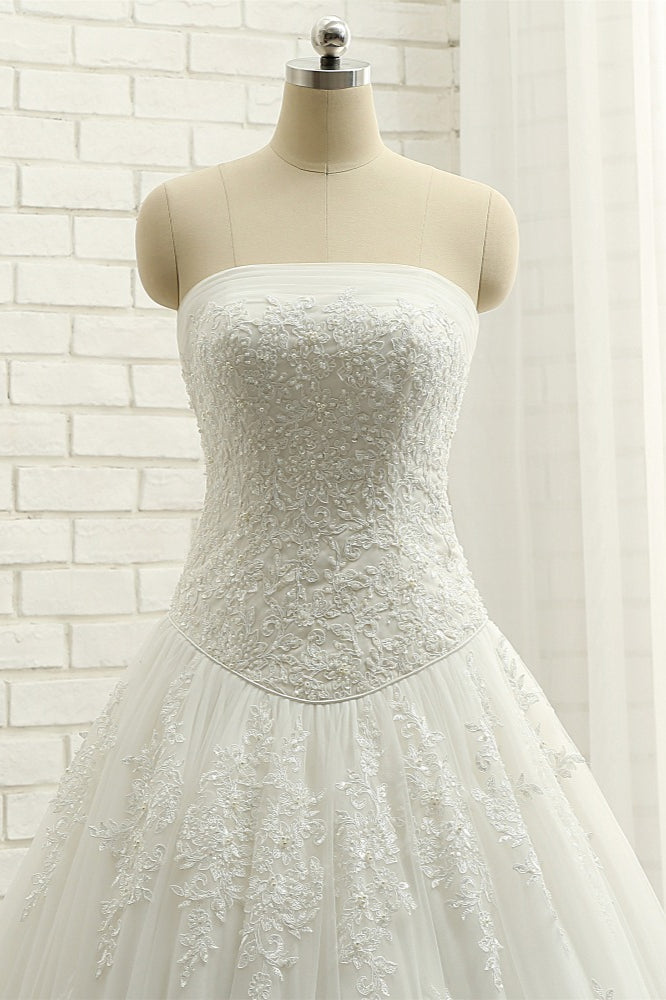 Gorgeous Bateau White Tulle Wedding Dresses A line Ruffles Lace Bridal Gowns With Appliques Online-27dress