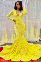 Gorgeous Bright Yellow Long Sleeves Long Mermaid Prom Dress With Embroidery