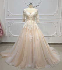 Gorgeous Champagne Tulle Half Sleeve Long Wedding Dress White Lace Applique Bridal Gowns On Sale-27dress