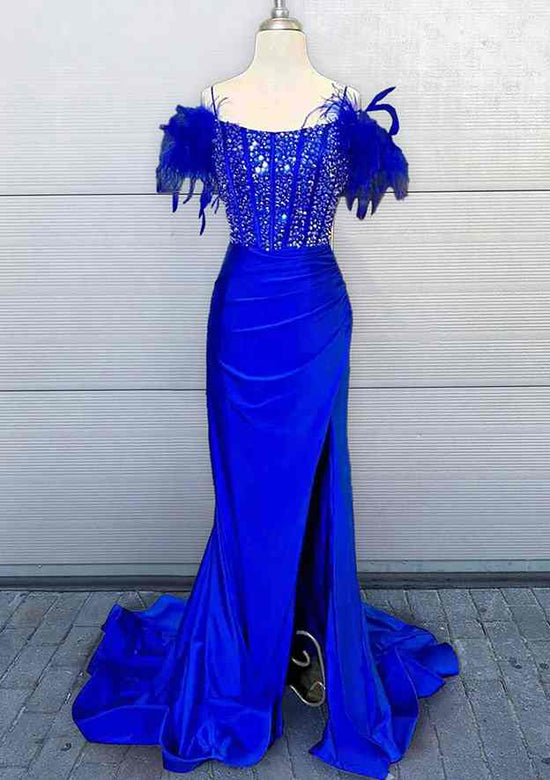 Gorgeous Charmeuse Prom Dress With Feather Pleated Sequins and Sheath/Column Sweep Train Square Neckline Sleeveless Design-27dress