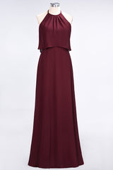 Gorgeous Chiffon Flounced Crinkle Sheath Long Burgundy Bridesmaid Dresses-27dress
