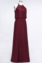 Gorgeous Chiffon Flounced Crinkle Sheath Long Burgundy Bridesmaid Dresses-27dress
