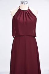 Gorgeous Chiffon Flounced Crinkle Sheath Long Burgundy Bridesmaid Dresses-27dress