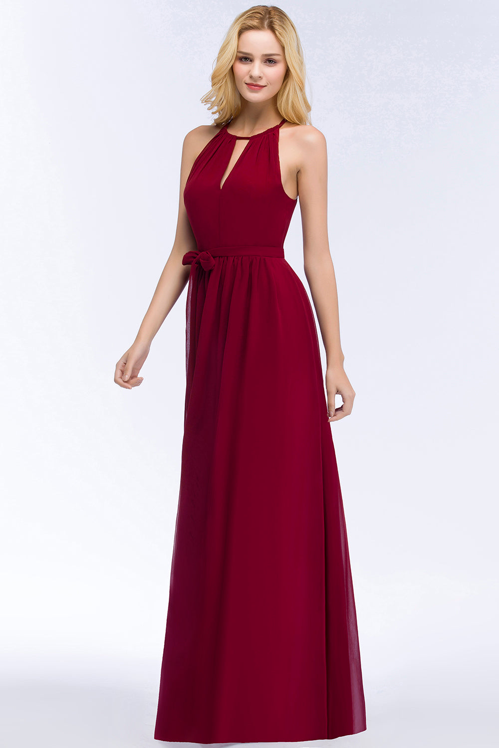 Gorgeous Chiffon Halter Deep V-Neck Burgundy Bridesmaid Dresses Affordable-27dress