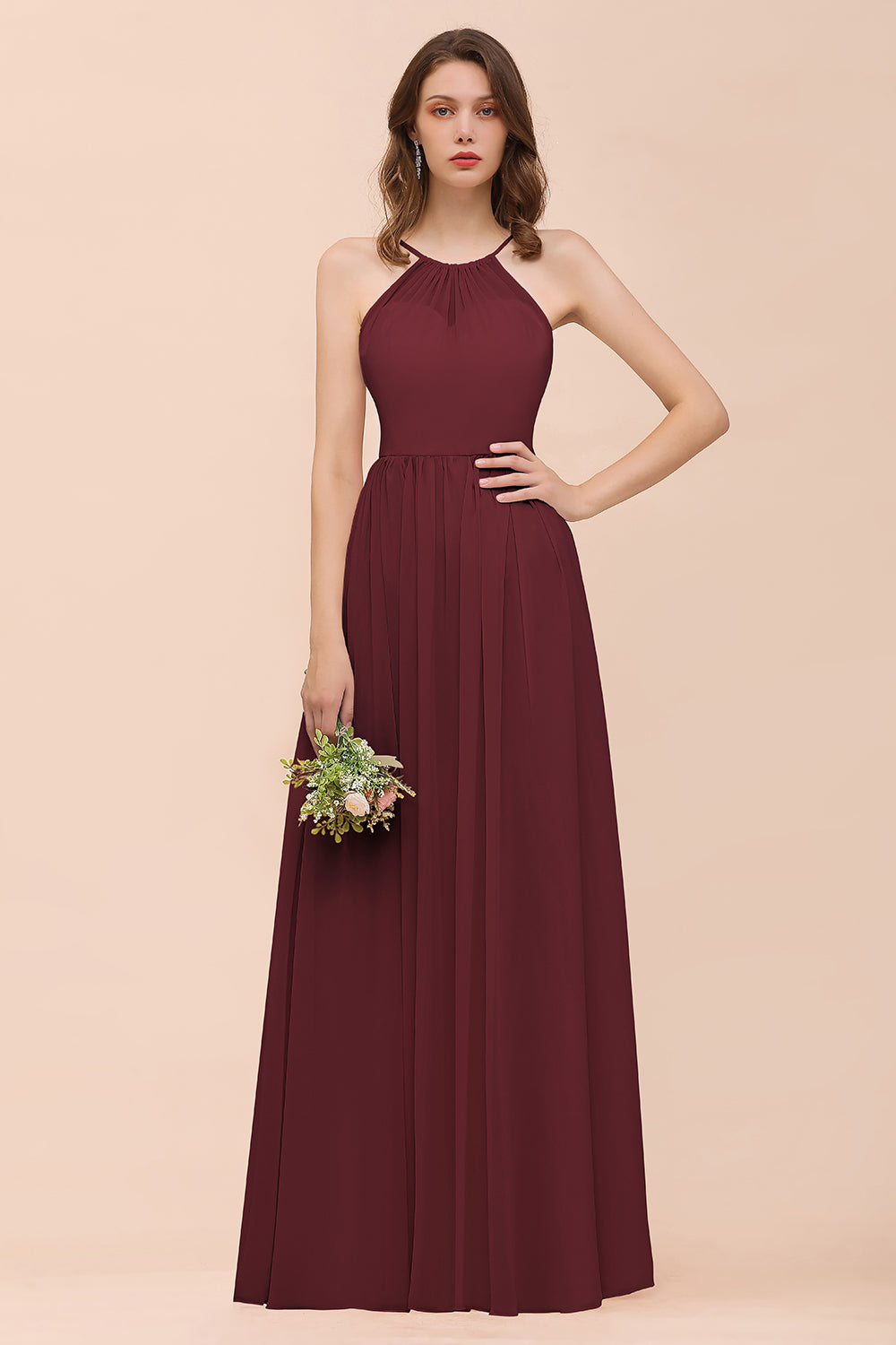 Gorgeous Chiffon Halter Ruffle Affordable Long Bridesmaid Dress-27dress