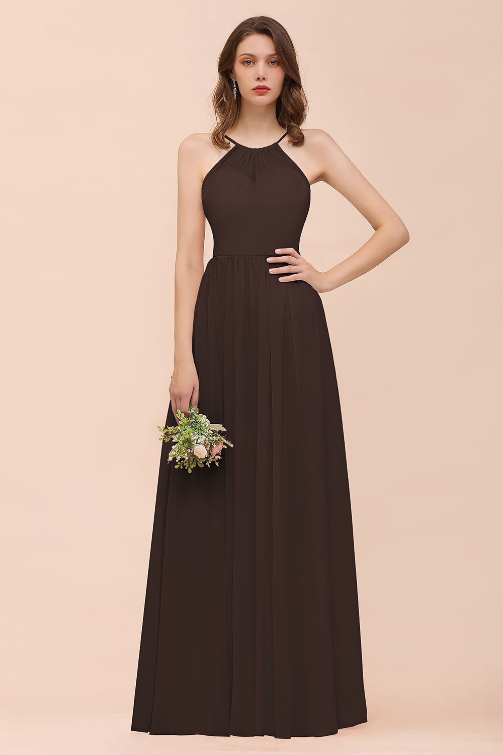 Gorgeous Chiffon Halter Ruffle Affordable Long Bridesmaid Dress-27dress