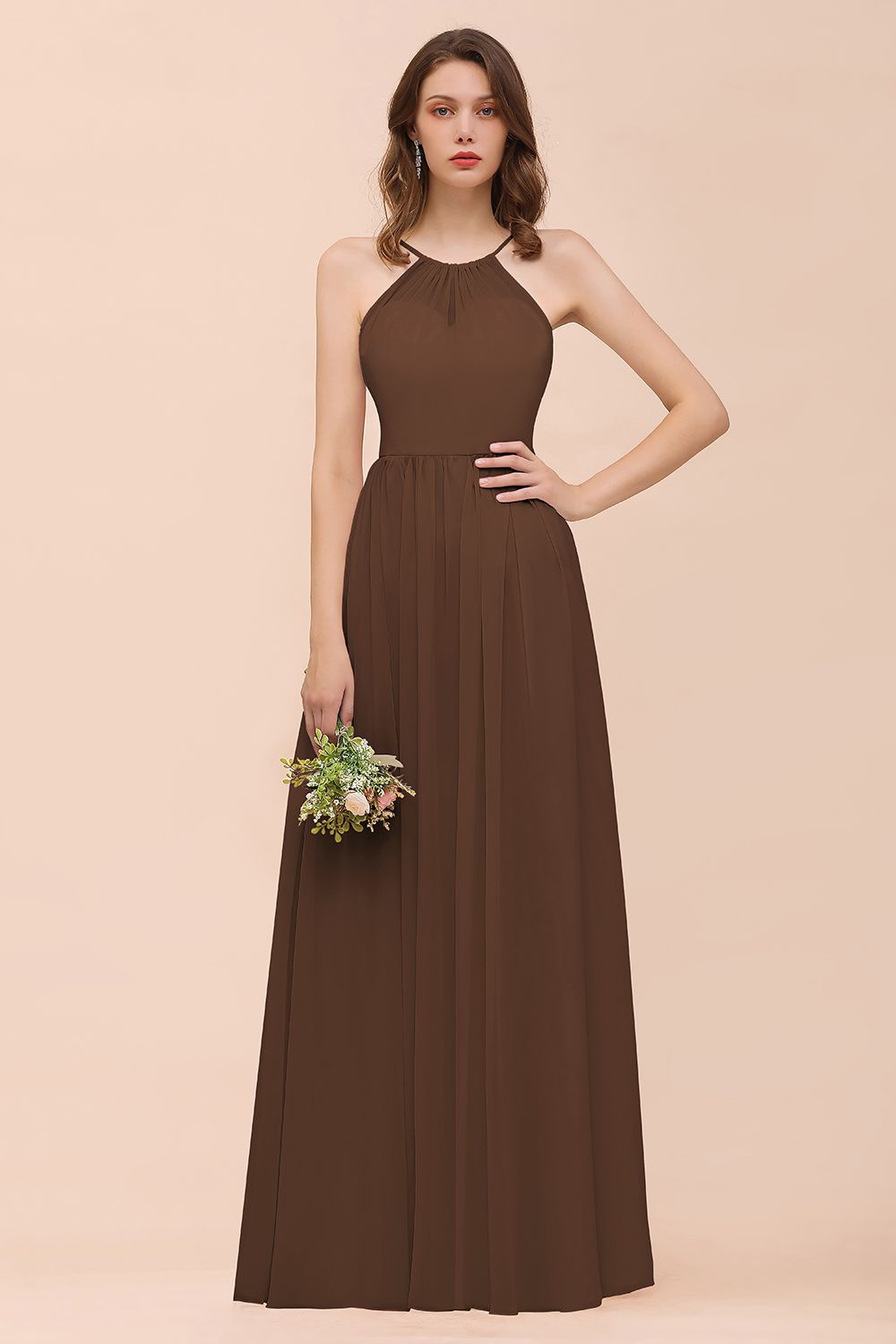 Gorgeous Chiffon Halter Ruffle Affordable Long Bridesmaid Dress-27dress