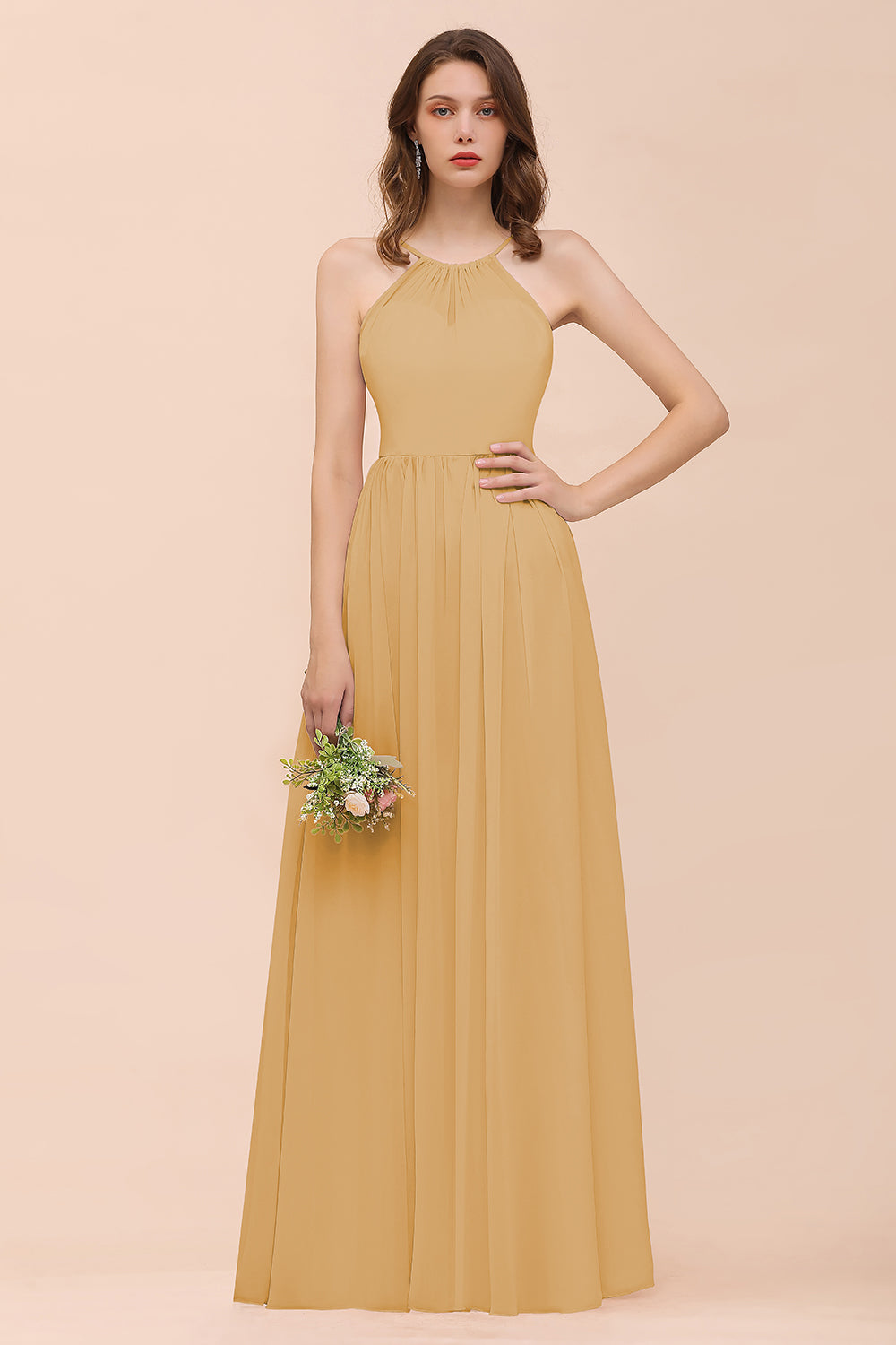 Gorgeous Chiffon Halter Ruffle Affordable Long Bridesmaid Dress-27dress