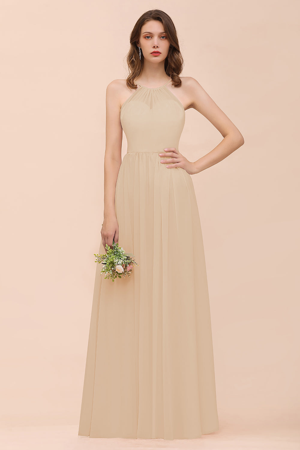 Gorgeous Chiffon Halter Ruffle Affordable Long Bridesmaid Dress-27dress