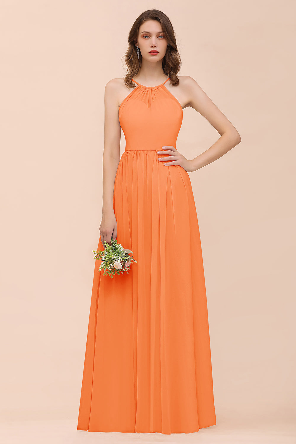 Gorgeous Chiffon Halter Ruffle Affordable Long Bridesmaid Dress-27dress
