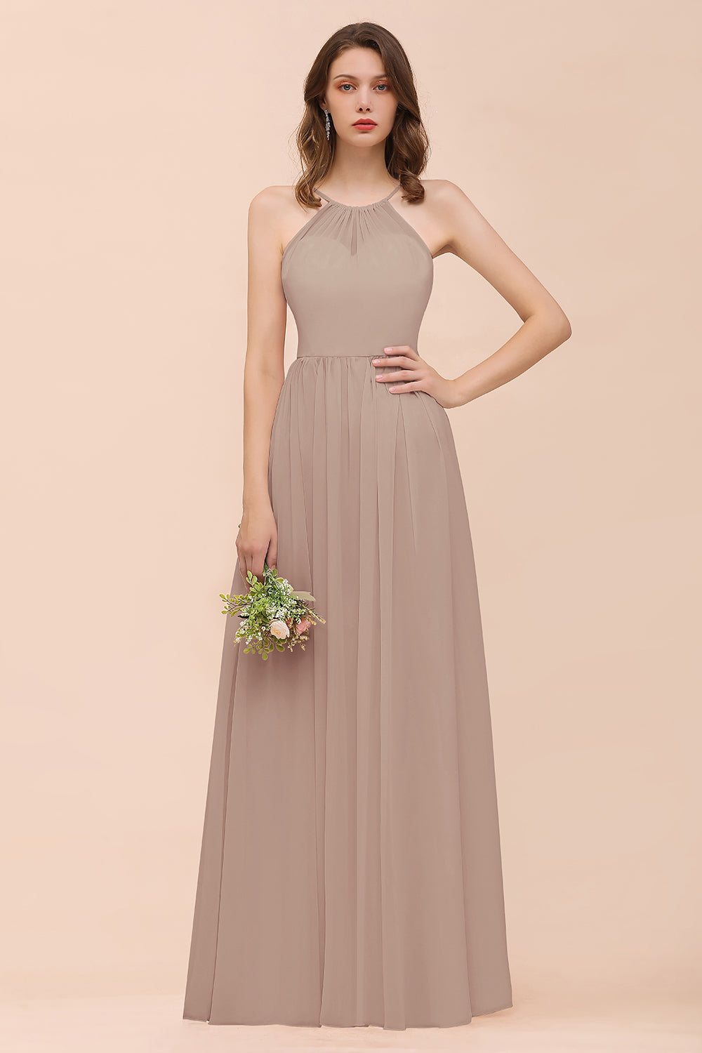 Gorgeous Chiffon Halter Ruffle Affordable Long Bridesmaid Dress-27dress
