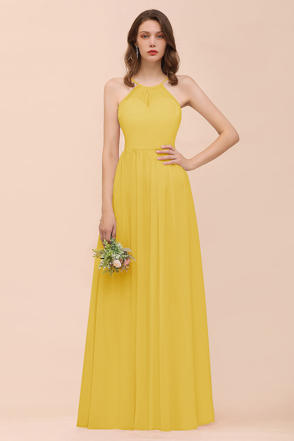 Gorgeous Chiffon Halter Ruffle Affordable Long Bridesmaid Dress-27dress