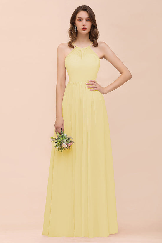 Gorgeous Chiffon Halter Ruffle Affordable Long Bridesmaid Dress-27dress