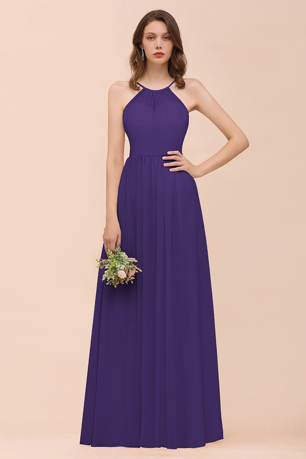 Gorgeous Chiffon Halter Ruffle Affordable Long Bridesmaid Dress-27dress
