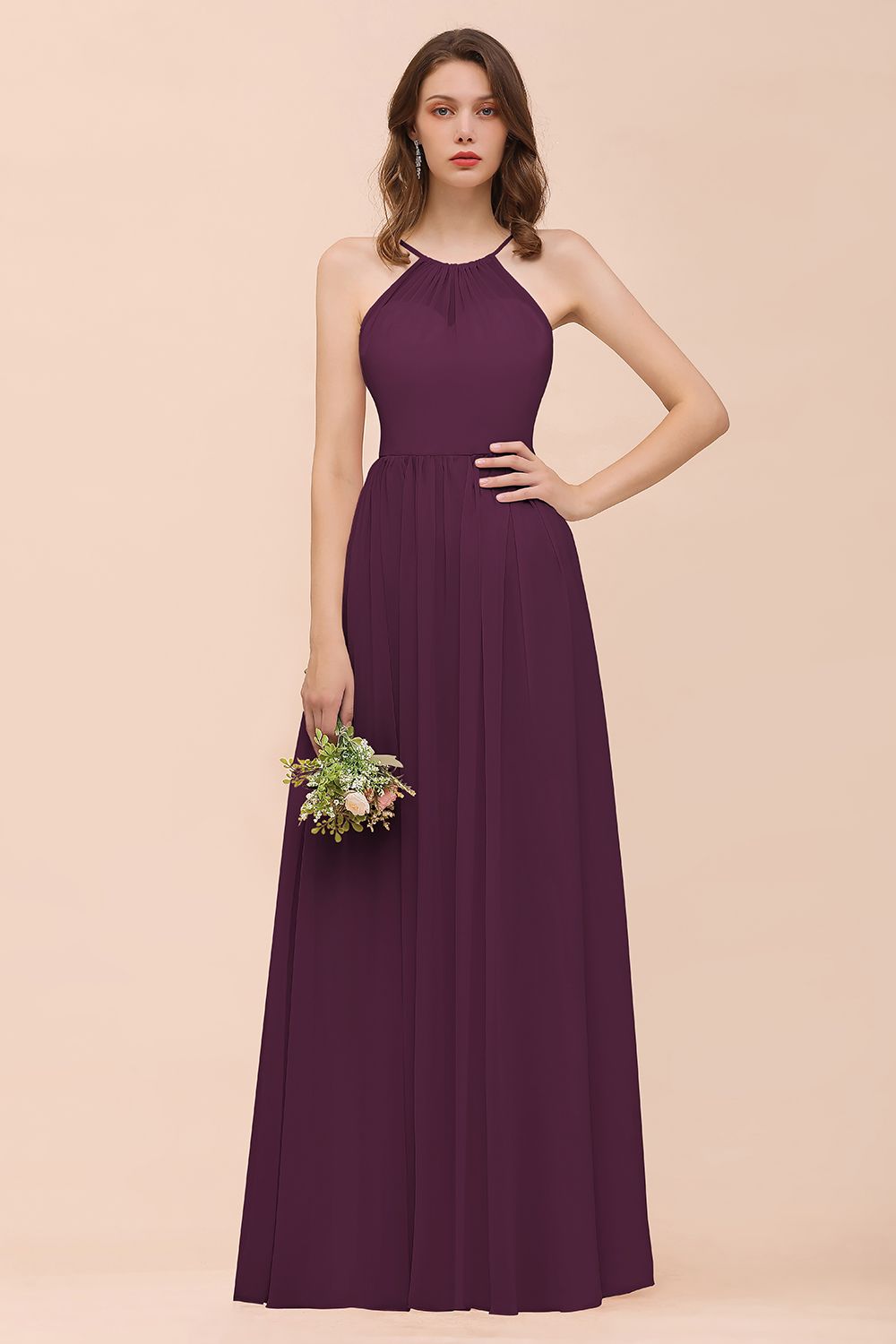 Gorgeous Chiffon Halter Ruffle Affordable Long Bridesmaid Dress-27dress
