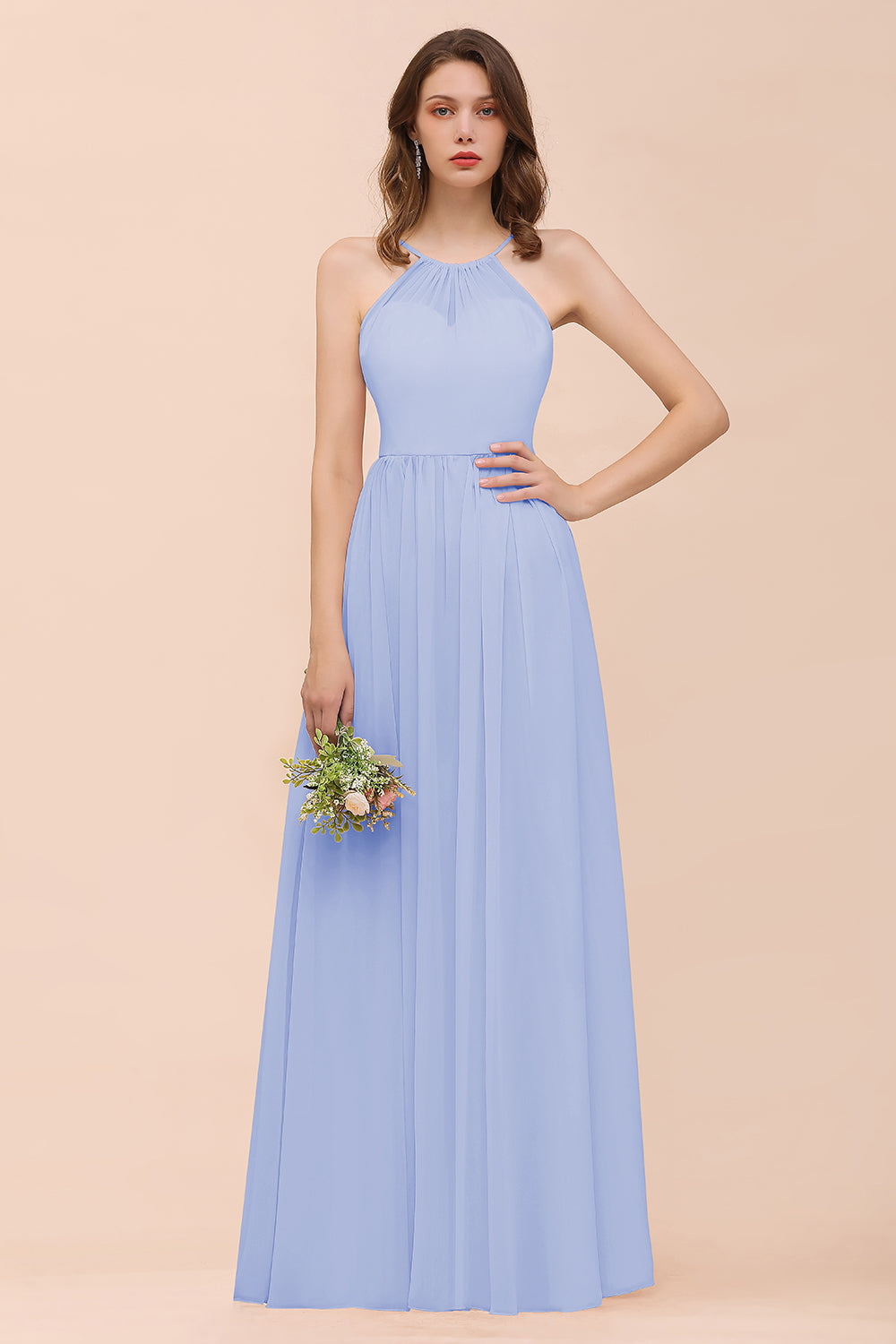 Gorgeous Chiffon Halter Ruffle Affordable Long Bridesmaid Dress-27dress