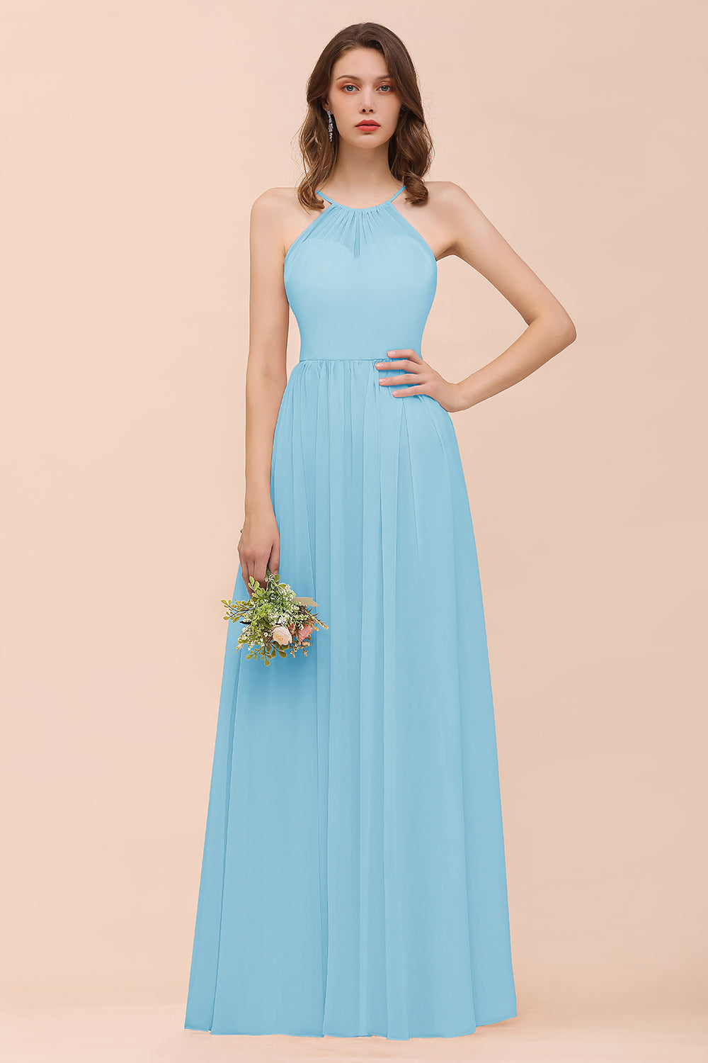 Gorgeous Chiffon Halter Ruffle Affordable Long Bridesmaid Dress-27dress