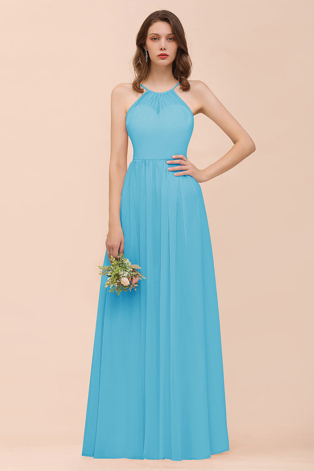 Gorgeous Chiffon Halter Ruffle Affordable Long Bridesmaid Dress-27dress