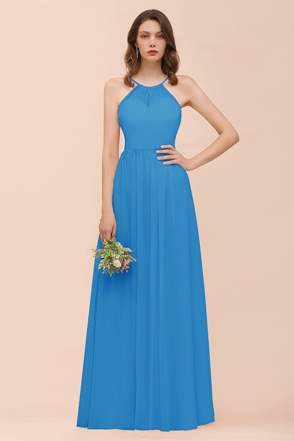 Gorgeous Chiffon Halter Ruffle Affordable Long Bridesmaid Dress-27dress